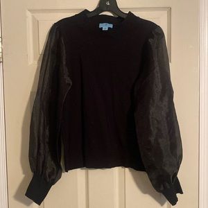 Women’s black cotton sweater with sheer sleeves